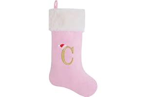 AUAWMLK 20-Inch Letter Embroidered Christmas Stocking Thick and Luxurious Pink Velvet with Super Soft Plush Cuff Personalized Festival Decoration for Xmas and New Year Party(Letter C)