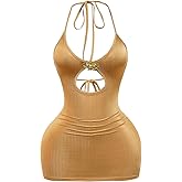 Milumia Women's Metallic Cut Out Halter Mini Dress Sleeveless Backless Party Bodycon Short Dresses