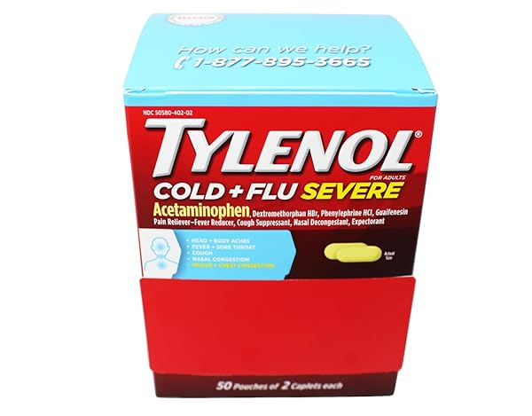 TYLENOL COLD + FLU SEVERE MEDICINE CAPLETS FOR COLD & FLU SYMPTOM RELIEF, FEVER REDUCER, PAIN RELIEVER, COUGH SUPPRESSANT, NASAL DECONGESTANT & EXPECTORANT, 50 POUCHES OF 2 CT.
