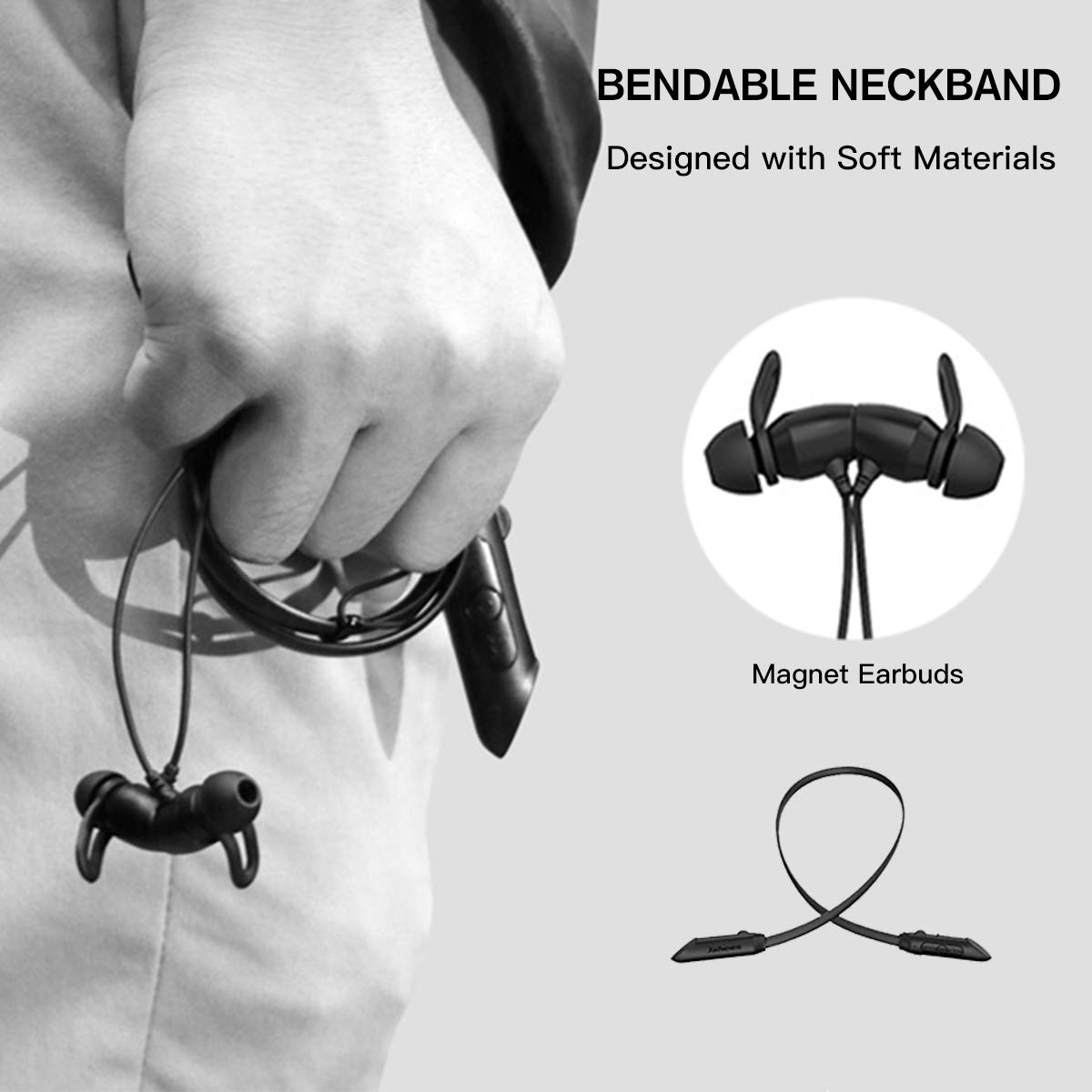 Jabees NBees Bluetooth Earbuds Wireless Neckband Headsets Noise Cancelling Stereo Earbuds w/Mic Soft Neckband Stylish Wearables for Handsfree and Music in-Ear Metal Headphones