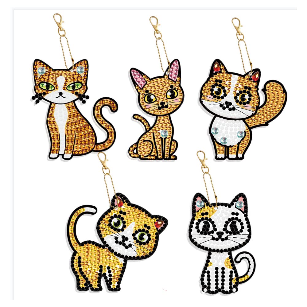 MWOOT 5Pcs Cat Diamond Art Painting Keychains,5D Diamond Key Chain Pendant for Beginners Adults,Diamond Pasted Painting Key Rings for Kids Girls Bag Purse Handbag