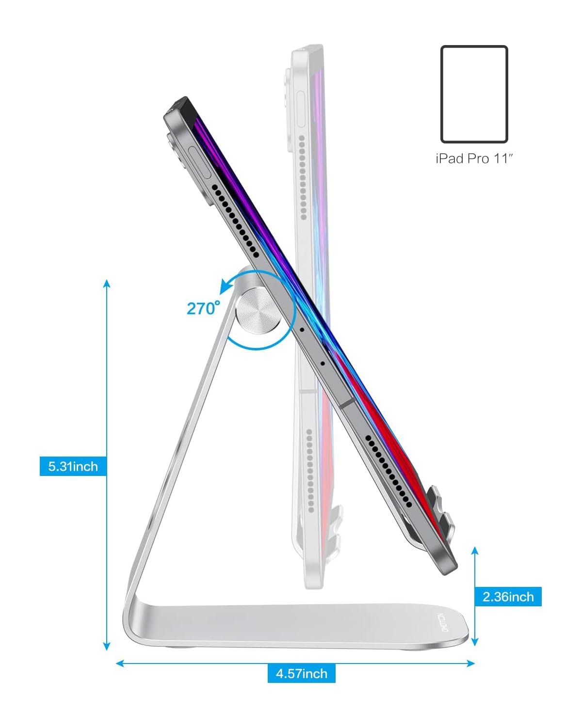 OMOTON Tablet Stand Holder Adjustable, T1 Desktop Aluminum Tablet Dock Cradle Compatible with iPad Air/Mini, iPad 10.2/9.7, iPad Pro 11/12.9/13, Samsung Tab and More Up to 13 inch, Silver
