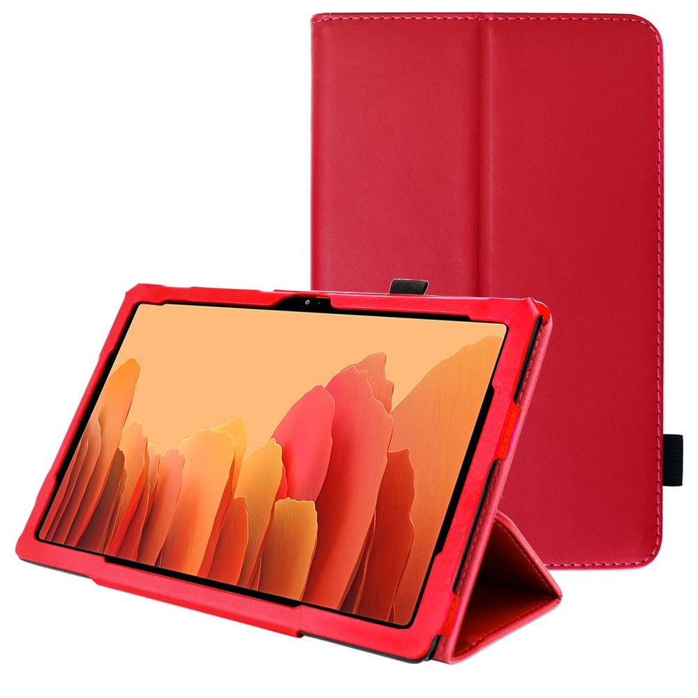 TECHGEAR Leather Case for Samsung Galaxy Tab A7 10.4" (SM-T500 / T503 / T505 / T509) Premium PU Leather Slim Folio Stand Smart Case Cover with Hand Strap, Auto Sleep/Wake [Red]