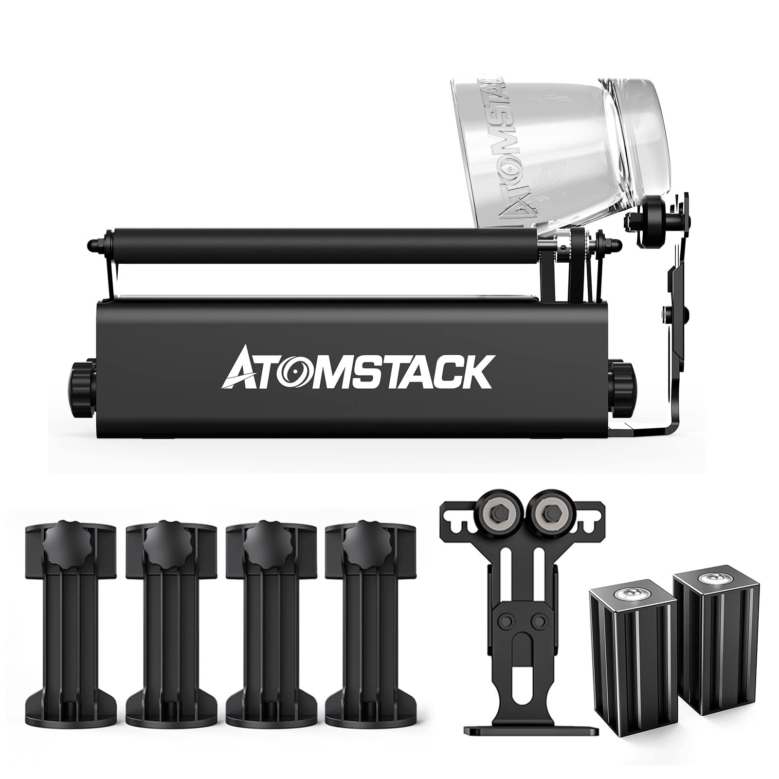 ATOMSTACK R3 Pro Laser Rotation Roller, Aluminium 360° Rotary Roller Laser Engraving Module with 2 Support Shaft, 4 Raiser Pads Suitable for 95% of Engraving Machines Cylindrical Object Boxes