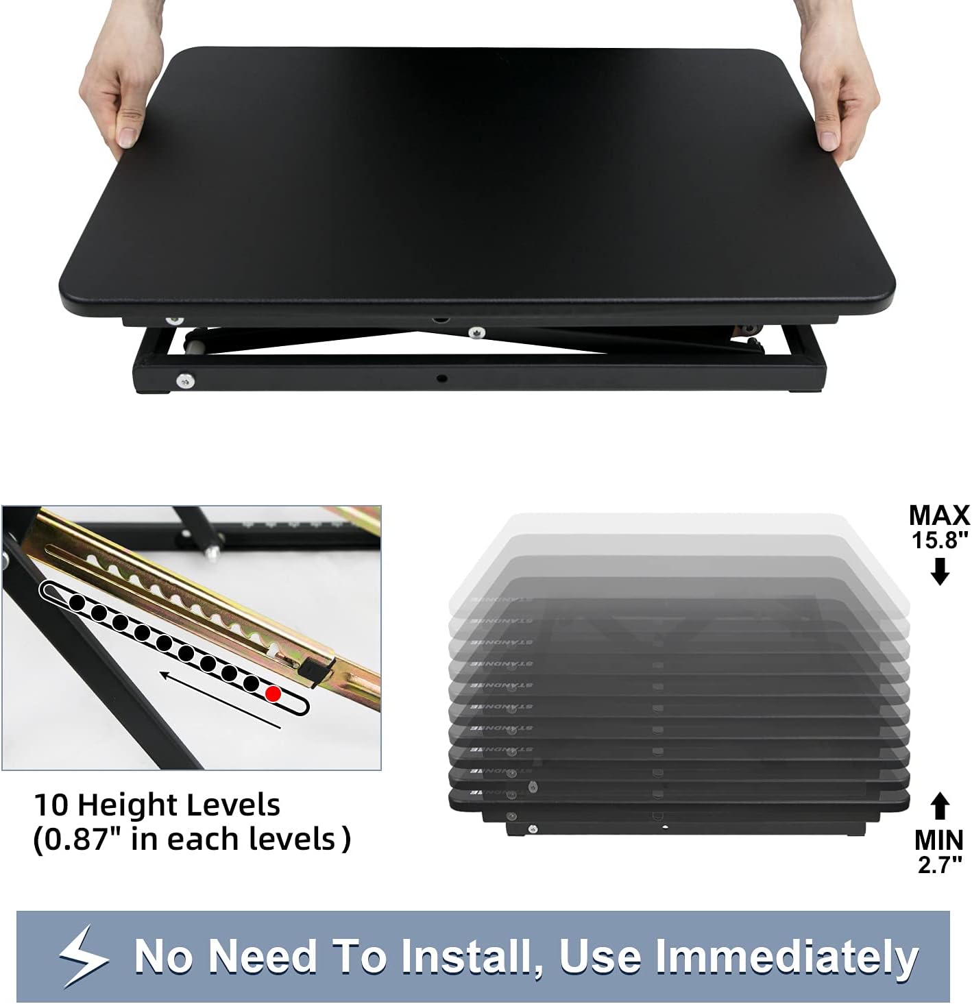 STANDNEE Standing Desk Converter, Height Adjustable Stand up Desk Riser, Fully Assembled Monitor Laptop Riser Workstation, Sit to Stand Desk for Home Office, Black.: Kitchen & Dining