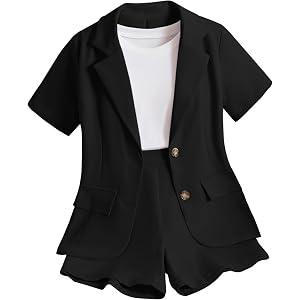 LuxyBear Girls 2 Piece Outfit Short Sleeve Blazer and Shorts Set Kids Dressy Summer Party Suit