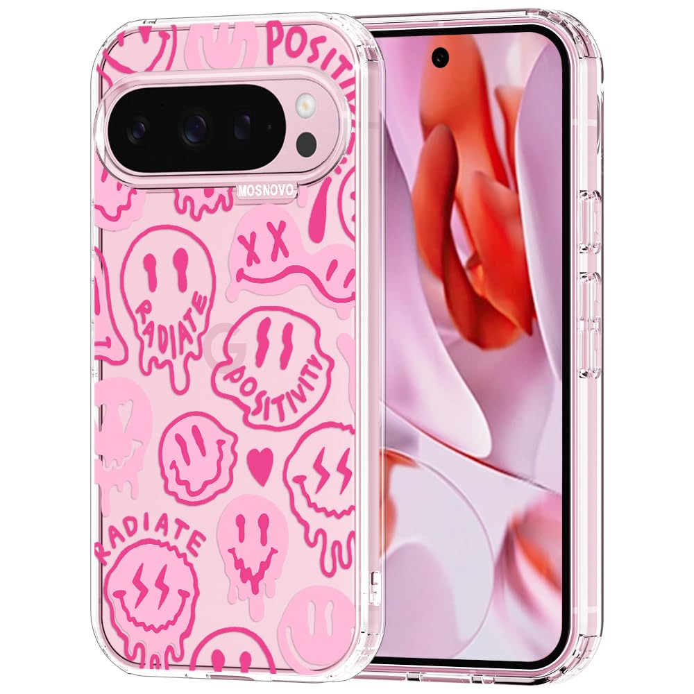 MOSNOVO Case for Google Pixel 9 Pro XL, [Buffertech 6.6ft Military-Grade Drop Protection] [Anti Peel Off Tech] Clear TPU Bumper Phone Case Cover Design - Pink Dripping Smiles Positivity Radiate Face