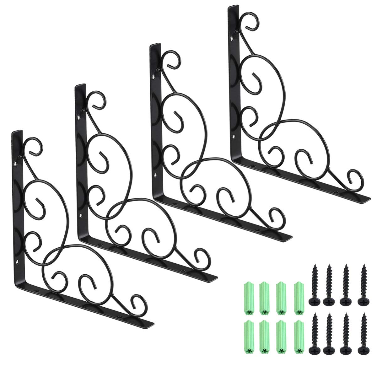 Winomo, wall mounted, floral shelf brackets, black, 4 pieces