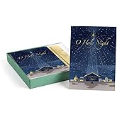 Masterpiece O Holy Night Christmas Cards / 15 Boxed Religious Holiday Card Set With Gold Foil Accents And Coordinating Envelopes / 7 7/8" x 5 5/8" Folded Christian Bethlehem Manger Greeting Cards With
