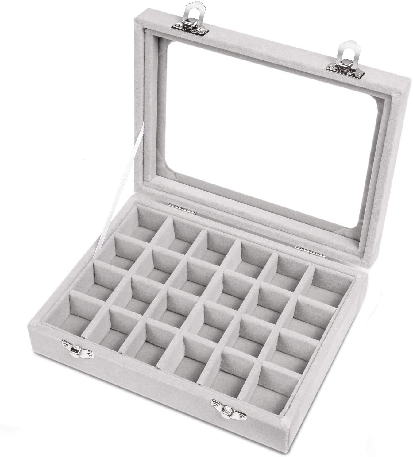 GOODGDN 24 Grids Velvet Glass Ring Jewelery Display Storage Box Tray Case Holder Earring Organizer Stand(Grey)