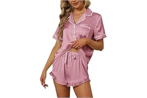 lcziwo Womens Silk Satin Pajamas Set Short Sleeve Two-Piece Pj Sets Sleepwear Loungewear Button-Down Ruffle Shorts Pj Sets