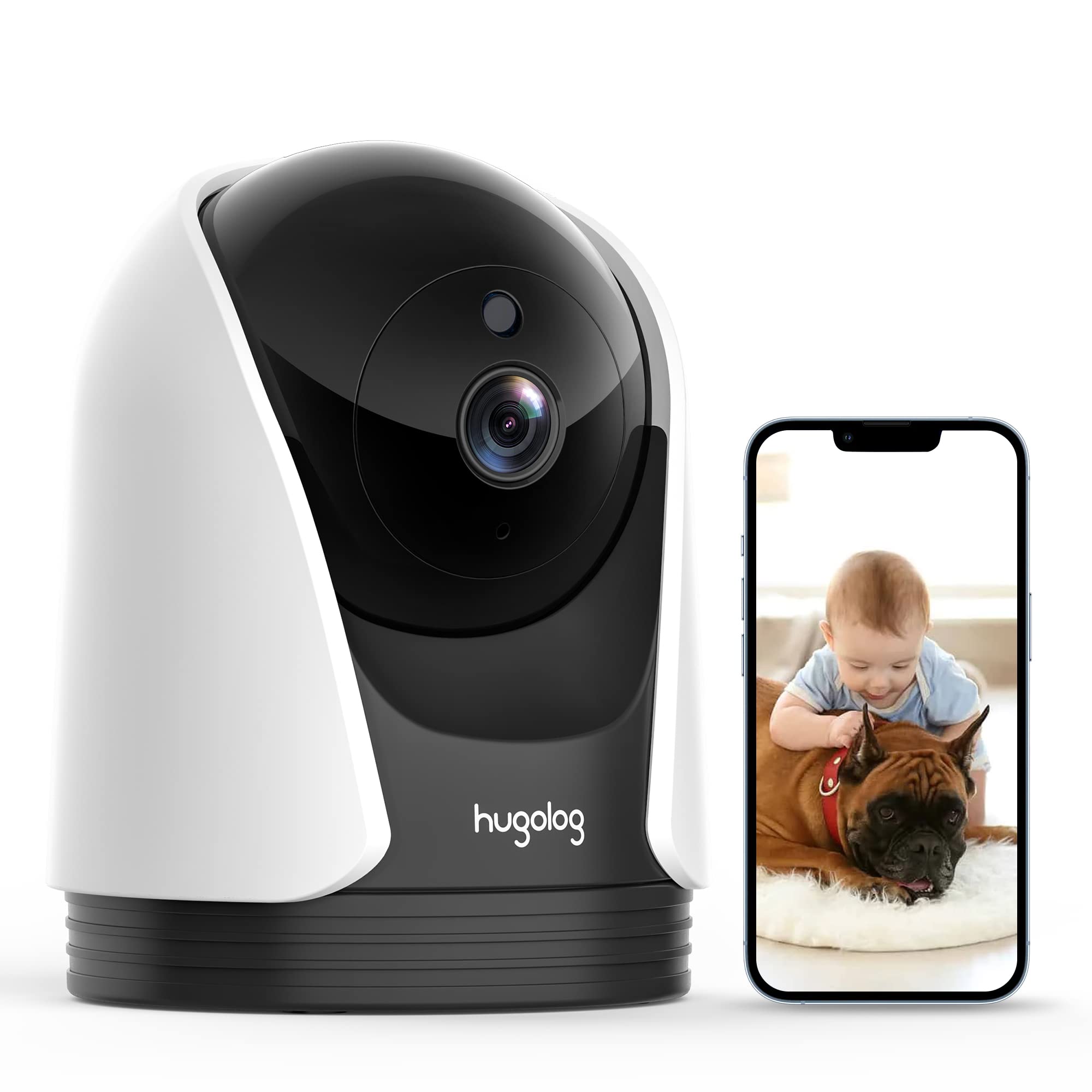 Hugolog Baby Monitor, 2K Security Camera, PT Cameras for Home Security, Indoor 2.4GHz Wi-Fi Camera with Motion Detection for Baby/pet, Two-Way Audio, IR Night Vision, Works with Alexa