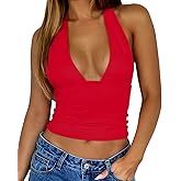 ForeFair Women Sexy Halter Deep V Neck Backless Crop Tank Top Open Back Sleeveless Slim Fit Y2k Summer Tops