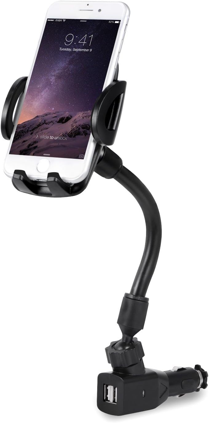 Car Phone Mount, 3-in-1 Cigarette Lighter Car Mount 360°Rotatable Universal Cell Phone Holder with Dual USB Ports Car Charger for iPhone X 8 8 Plus 7 7 Plus 6 Galaxy S9 Note 9 8 S8 and More (Black)