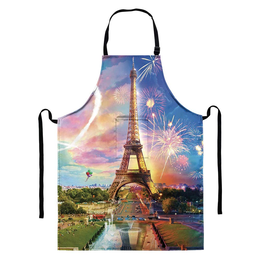 HUGS IDEA Fashion Romantic Paris Eiffel Tower Lengthen Bib Apron - Unisex Black Apron Bulk with Pocket Machine Washable for Kitchen Crafting BBQ Drawing