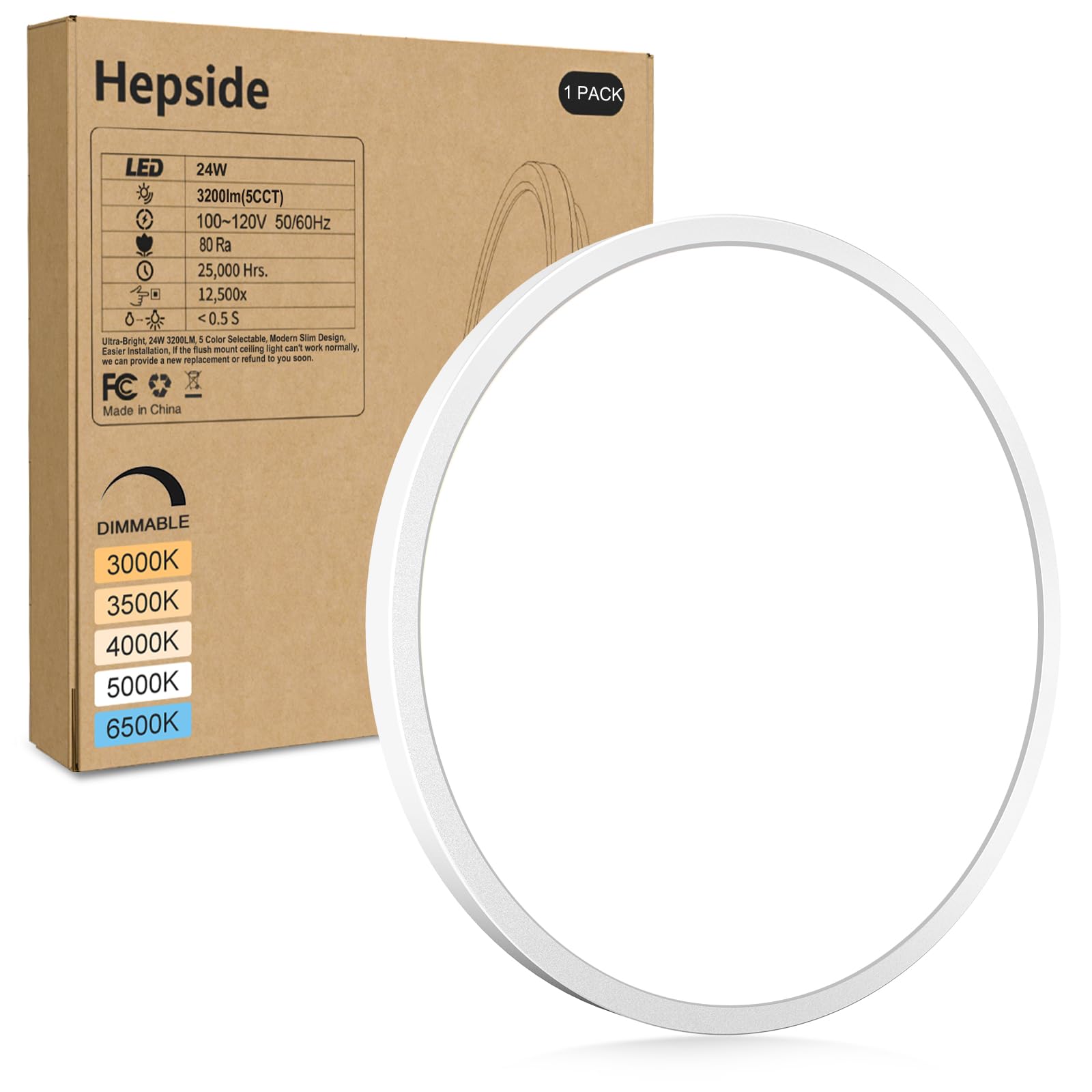Photo 1 of hepside 1Pack LED Flush Mount Ceiling Light Fixture, 12Inch 24W, Dimmable&3000K/3500K/4000K/5000K/6500K Adjustable Low Profile Ceiling Lights, White Round Flat Ceiling Light for Closet,Kitchen,Hallway