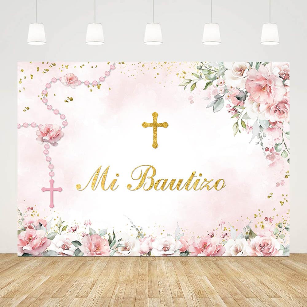 Photo 1 of AIBIIN 7x5ft Mi Bautizo Backdrop Pink Floral Gold Glitter Baptism Backdrop Mi Bautizo Decorations Bautizo Decorations for Girl Christening Newborn Photo Shoot Props