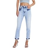 ONESO Women's High Waisted Mom Jeans Stretch Ripped Destroyed with Hole Tapered Casual Boyfriend Jean for Women Denim Pants