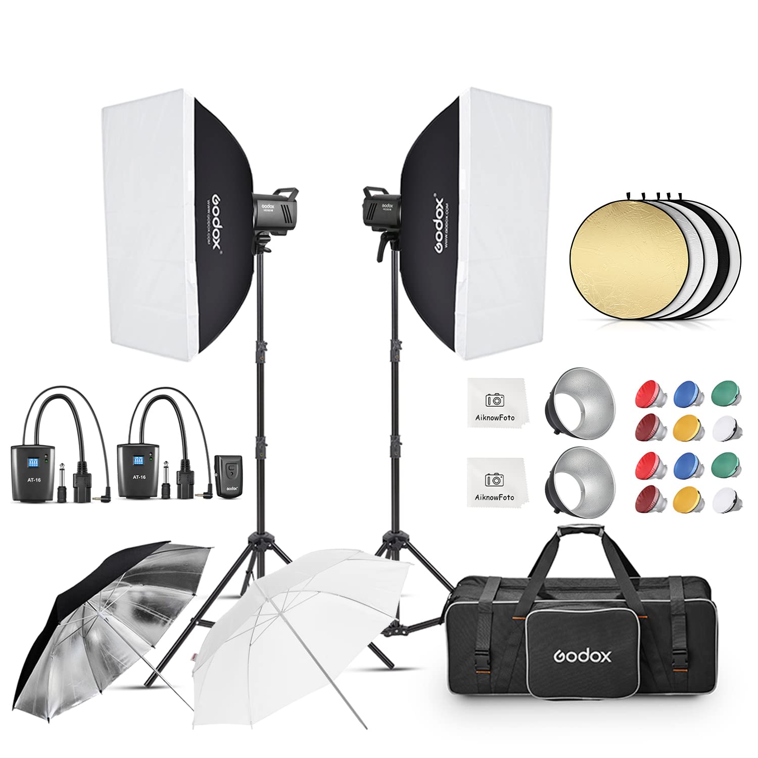Photo 1 of Godox 2pcs MS300V 600W Studio Strobe Flash Light Kit,2.4G Bowens Mount Lighting Flash GN58 5800K with AT-16 Trigger,Light Stands,Softboxes,Umbrella,Reflector,Carry Bag for Portrait Product Photography