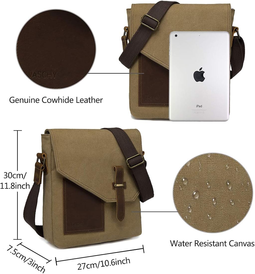 VASCHY Man Bag, Water Resistant Small Messenger Bag Shoulder Bag Vintage Canvas Leather Cross Body Bag with Multi-Pockets(Khaki) - Image 4