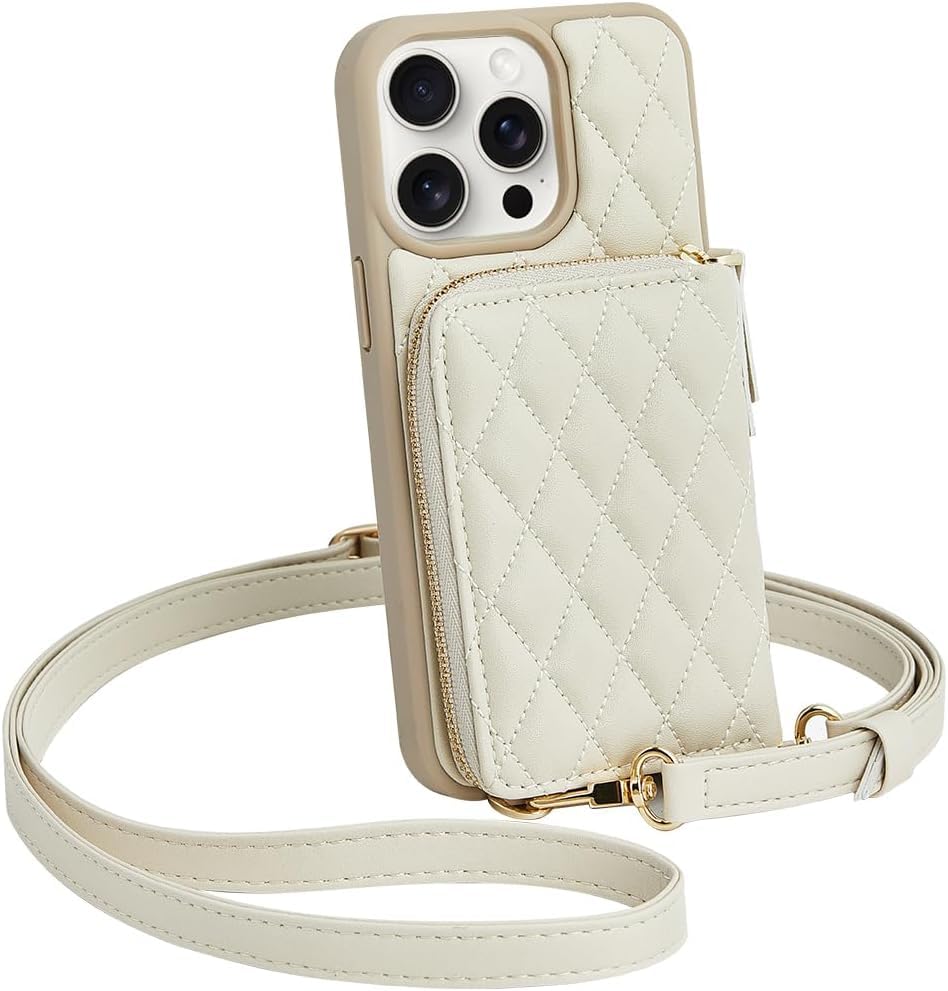 CUSTYPE for iPhone 15 Pro Case with Strap, Mobile Phone Case for iPhone 15 Pro with Card Slot, Wallet Case Made of Microfibre Leather, Mobile Phone Chain Case for Apple iPhone 15 Pro Beige 6.1 Inches