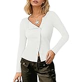 COCCKO Cardigan Sweaters for Women 2026 Asymmetrical Button Up Long Sleeve Shirts Ribbed Crop Tops Spring Fashion Outfits