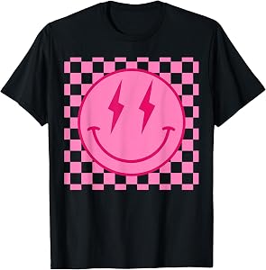 Retro Happy Face Shirt Checkered Pattern Smile Face Trendy T-Shirt