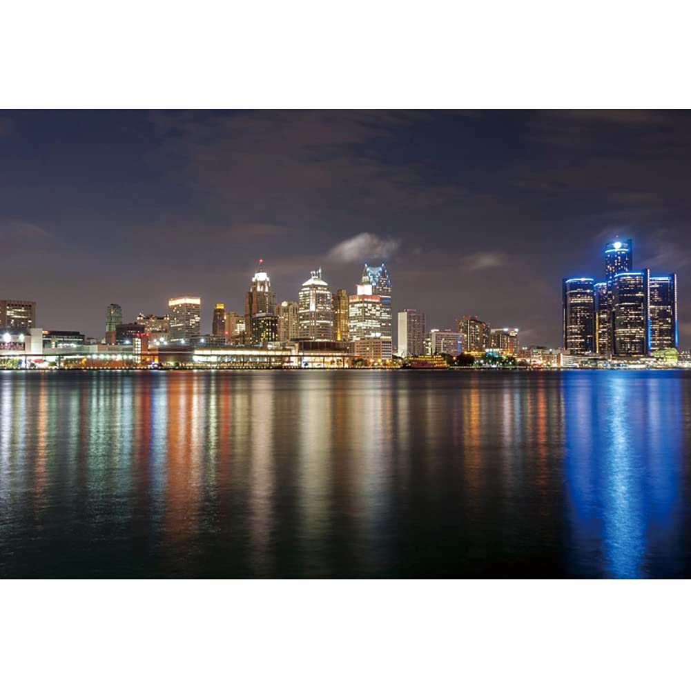 Renaiss 7x5ft Modern City Night View Backdrop Seaside City Brightly Lit Skyscrapers Photography Background Party Decoration Wallpaper Man Adult Portrait Photo Video Shooting Props