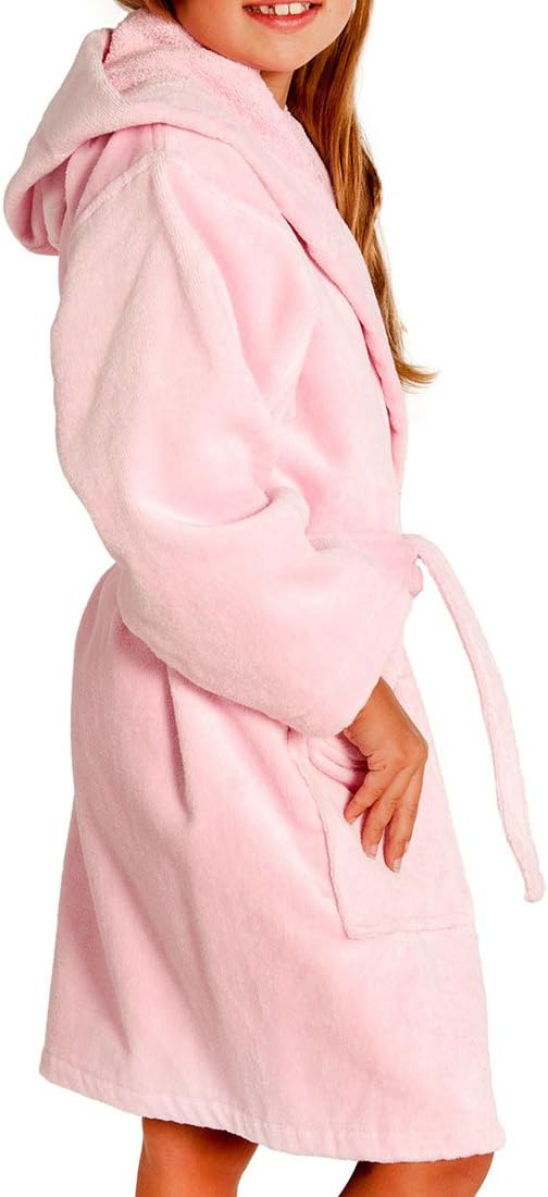 Boys and Girls Kids Hooded Terry Velour Turkish Bathrobe 100% Cotton (Pink, Large)
