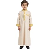 IWEMEK Kids Thobe for Muslim Boys Robe Eid Ramadan Kaftan Dubai Islamic Prayer Clothes Arabic Abaya Ethnic Dress with Pockets