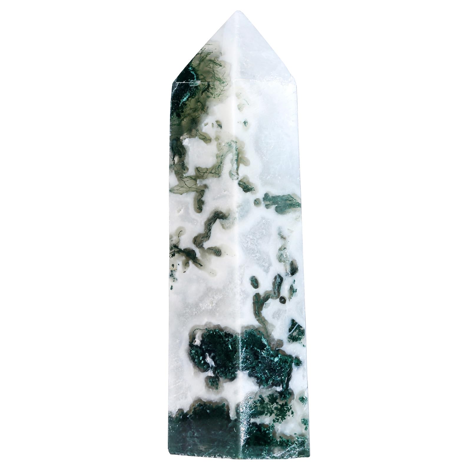 mookaitedecor Natural Moss Agate Crystal Tower Point Wand for Healing 60-80mm, Rare Geode Quartz Hexagonal Wand Healing Stone Reiki Chakra Meditation Desk Decor Small Green White Crystal Gift with Box