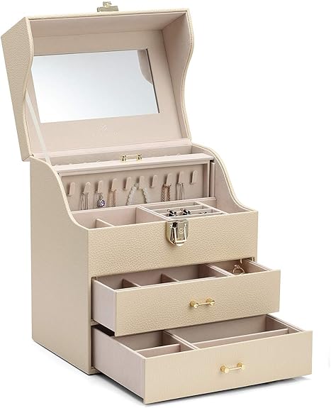 Vlando Schmuckkästchen aus Holz, hohe Kapazität, mit Spiegel, PU Leder