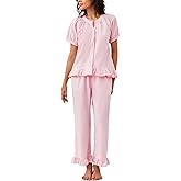Flygo Womens Striped Pajama Sets 2 Piece Cotton Pjs Lounge Set Ruffle Button Down Tops Long Pants Soft Sleepwear with Pockets