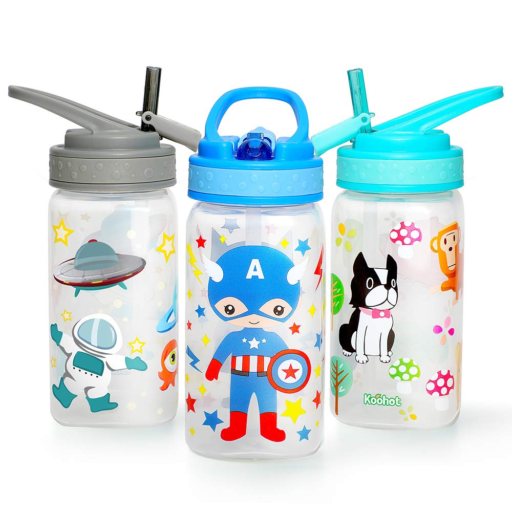 Home Tune Kids Water Drinking Bottle (440ml) - BPA Free, Wide Mouth, Flip Sip Top, Easy Open, Lightweight, Leak-Proof Water Bottle with Cute Design For Girls & Boys - 3 Pack Animal & Hero & Space