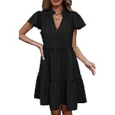 Famulily Summer Dress for Women Ruffle Cap Sleeve Pleated V Neck Dress Tiered Swing A Line Babydoll Mini Dress