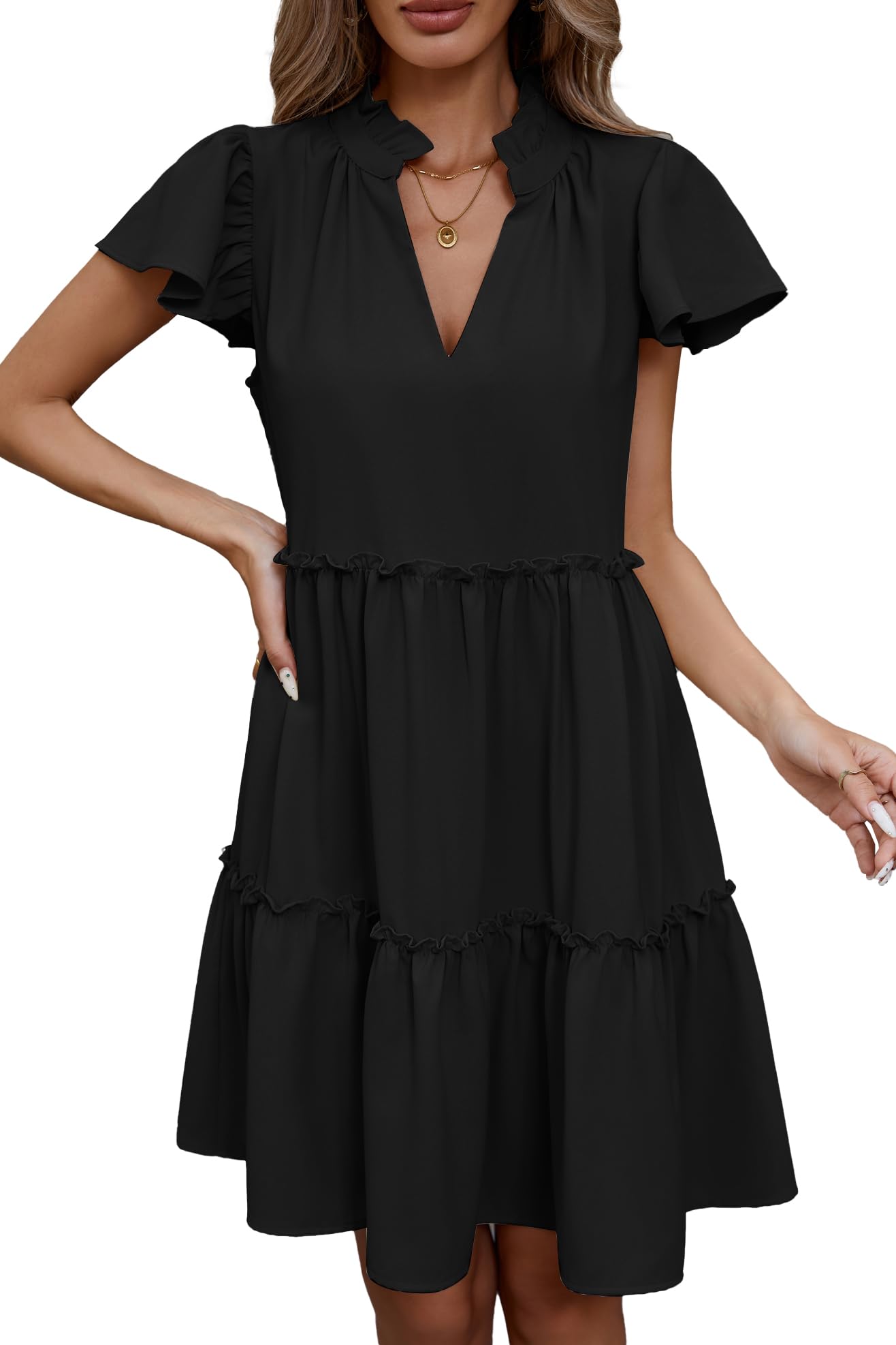 V-Neck Ruffled Cap Sleeve Dress main image 1