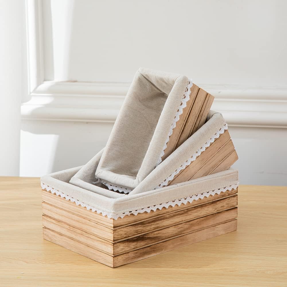 Quan Shuo 3-Piece Set Rustic Decorative Wooden Nesting Storage Box With Washable Linen, White Storage Box For Storage, Organization and Display (White754): Home Improvement