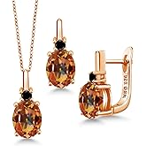 Gem Stone King Gemstone Birthstone and Black Diamond Pendant and Earrings Jewelry Set for Women in 18K Rose Gold Plated Silver | Oval 8X6MM and Round 2.5MM | With 18 Inch Chain