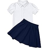 Kukume Girls 2 Piece Skirt Set White Blouse Ruffle Short Sleeve Button Down Shirt with Skirt Set School Uniform Outfit 4-13Y