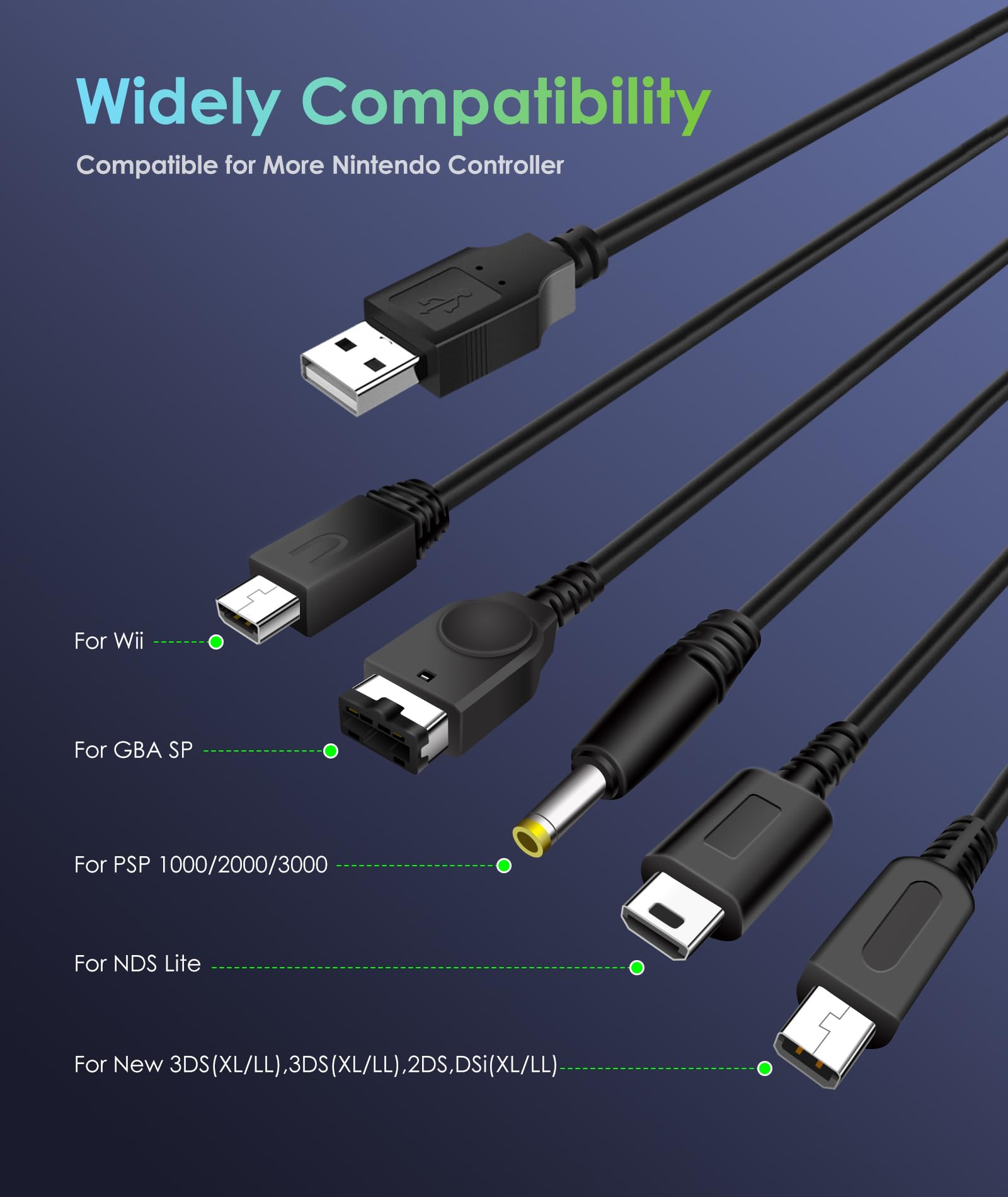 6amLifestyle 5 in 1 USB Charger Cable for Nintendo DS Lite/Wii U/New 3DS 3DS 2DS DSi (XL/LL),NDS/Gameboy Advance SP, PSP 1000 2000 3000, Multi-Functional USB Charging Cord with Cable Tie