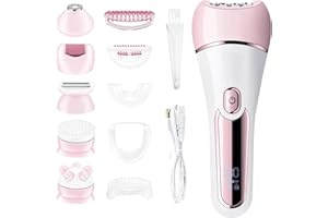 LIHOBI Epilator for Women, 6 in 1 Hair Removal Epilator, Shaver, Face Razor, Facial Brush, Face Massage and Body Exfoliator,IPX7 Waterproof Rechargeable Hair Removal for Women (Pink)