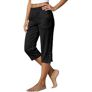 Shiketong Cotton Linen Capri Pants for Women Petite Tailored Split Button | Women's Capris, Petite Pants, with Side Pockets,