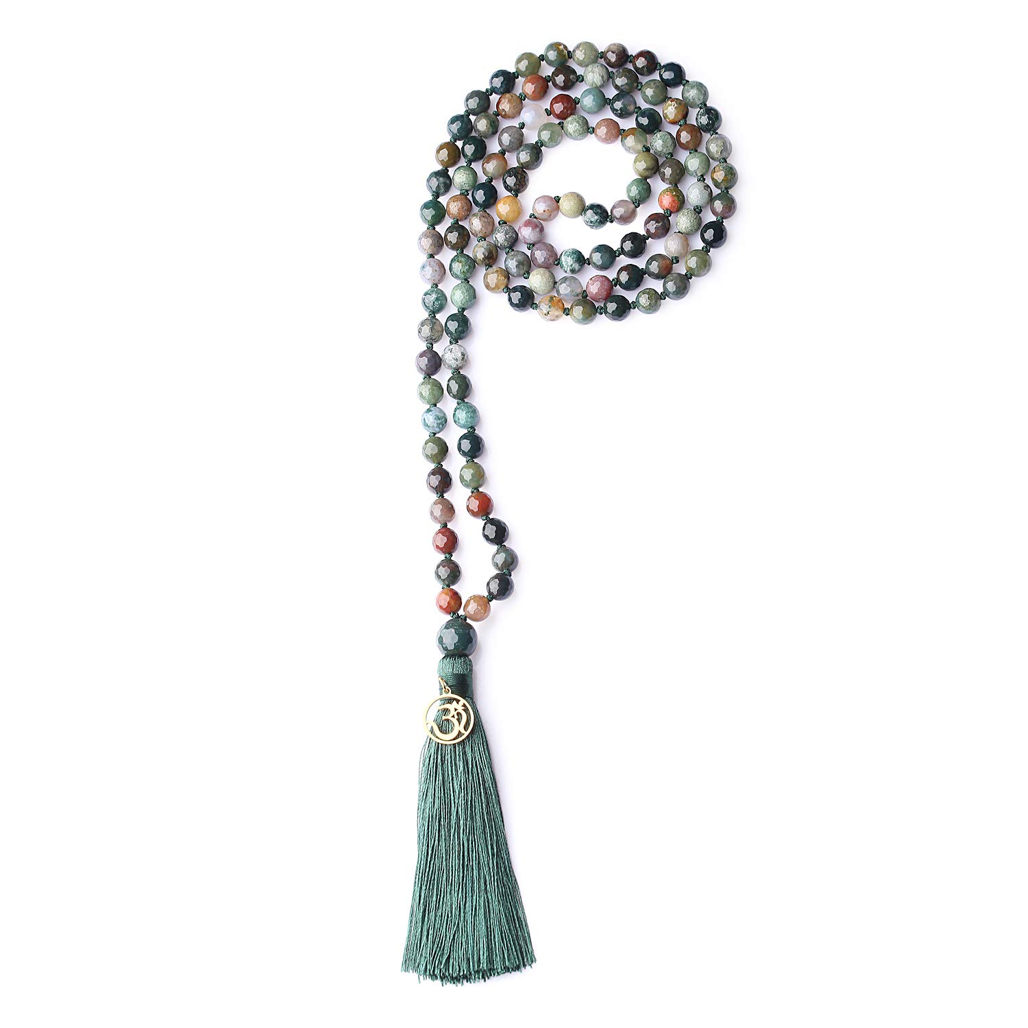 COAI OM Charm Hand Knotted Tassel India Agate 108 Mala Beads Necklace 8mm