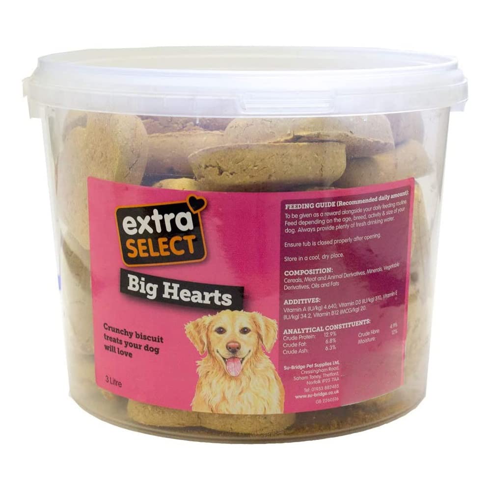 Extra Select Big Hearts - Heart Shaped Dog Treats for Large & Medium Dogs, Baked Biscuits & Training Treats - 3 Litre Tub
