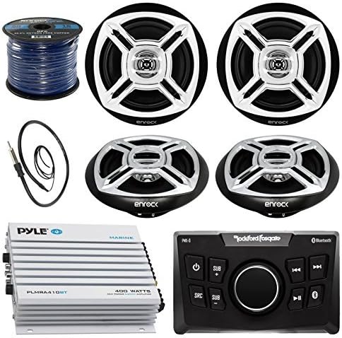 Rockford Fosgate PMX-0 Ultra Compact Bluetooth Marine Boat Digital Media Receiver Bundle Combo With 4x Enrock Black/Chrome 6.5" Audio Speaker + Pyle 400 Watt Amplifier + 22" Radio Antenna + 50 Ft Wire