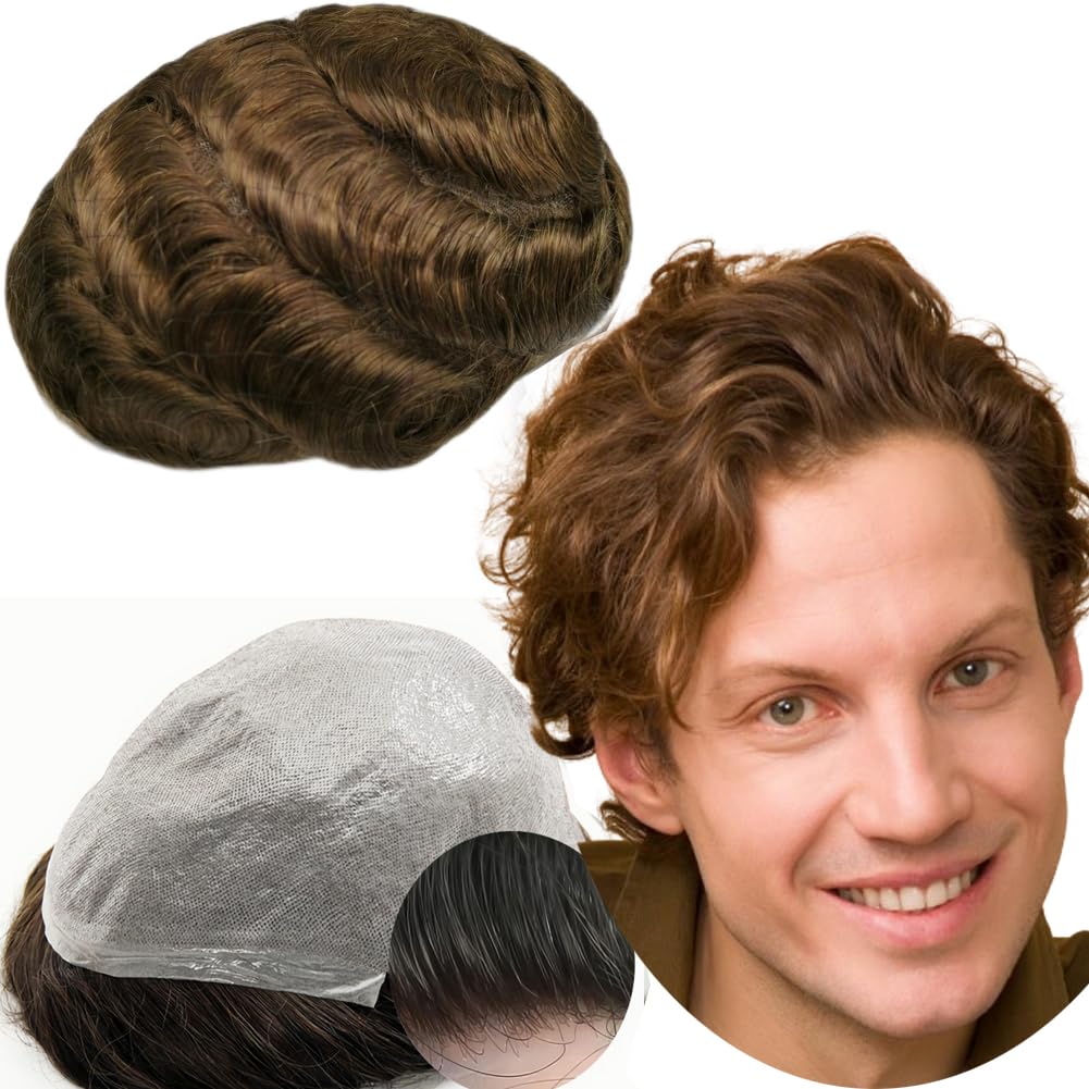 Toupee for Men Yanahair Wavy Hair Pieces Mens Toupee Human Hair Replacement System 100% European Real Human Hair Hairpieces Hair System 0.04mm Soft Thin Skin PU V-loop (#4 Light Brown 8"x10") โ image 1
