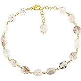 CRYSTALINES Natural Gemstone Cluster Anklet, Tumbled Crystal Beads Rosary Chain Anklet, Gold Plated Handmade Jewelry, Bohemian Fashion Ankle Bracelet, Gift for Women
