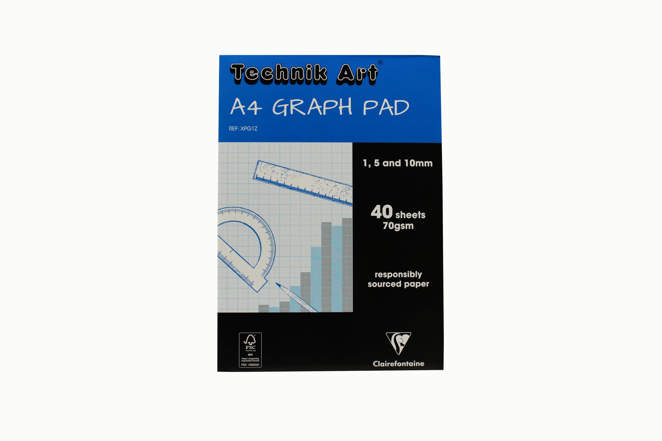 Clairefontaine - Ref XPG1Z - Technik Art - Graph Pad, A4 210 x 297mm, 1/5/10mm Blue Printed Grid Pattern, 40 Sheets Per Pad, Suitable for Photocopying - Blue & White