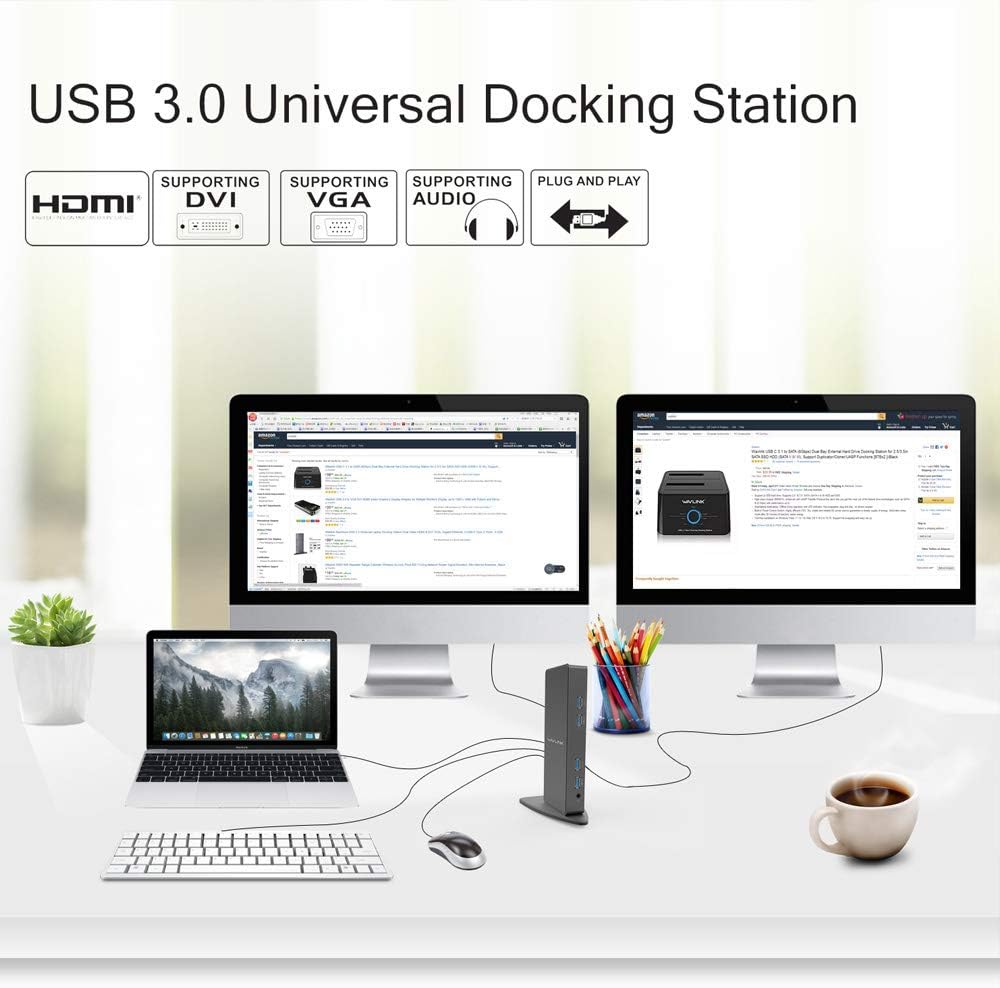 WAVLINK USB 3.0 Universal Docking Station, 12-in-1 Aluminum Adapter with Dual Video HDMI & DVI/VGA, Gigabit Ethernet, 6 USB 3.0, USB-B, Audio, DC Port for Desktop Laptop Tablet PC: Electronics