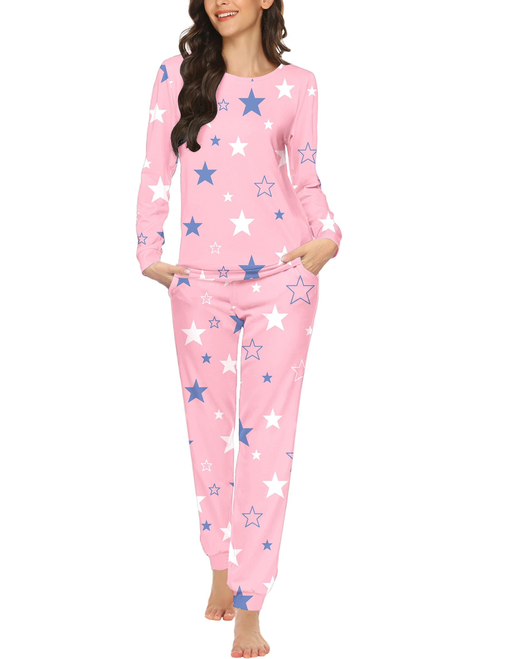 Ekouaer Womens Pajama Set Long Sleeve Sleepwear Star Print Nightwear Soft Pjs Lounge Sets with Pockets Pink Star Large Image